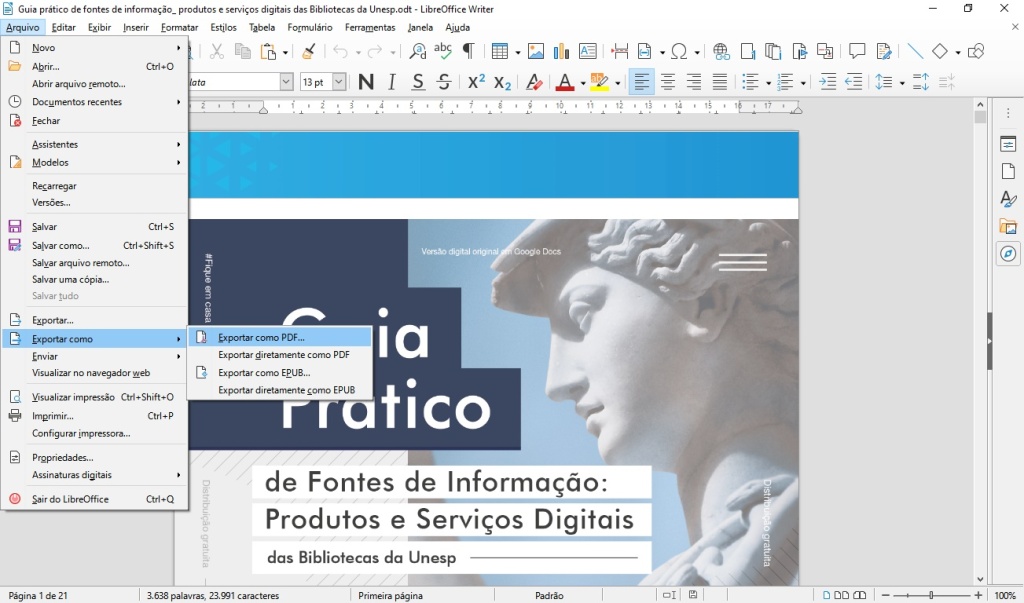 Print de tela de um documento aberto no LibreOffice Writer, onde a aba Arquivo foi selecionada.
